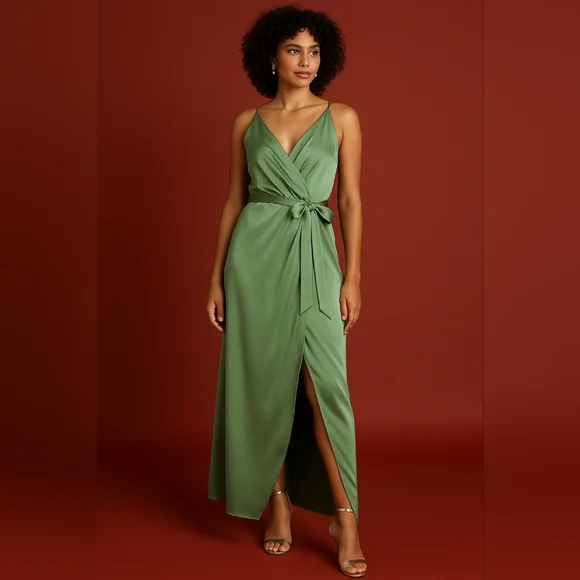 RW&Co NWT Satin Midi Cocktail Dress with Removable Flower Sash in Shale Green 12 - Picture 15 of 15